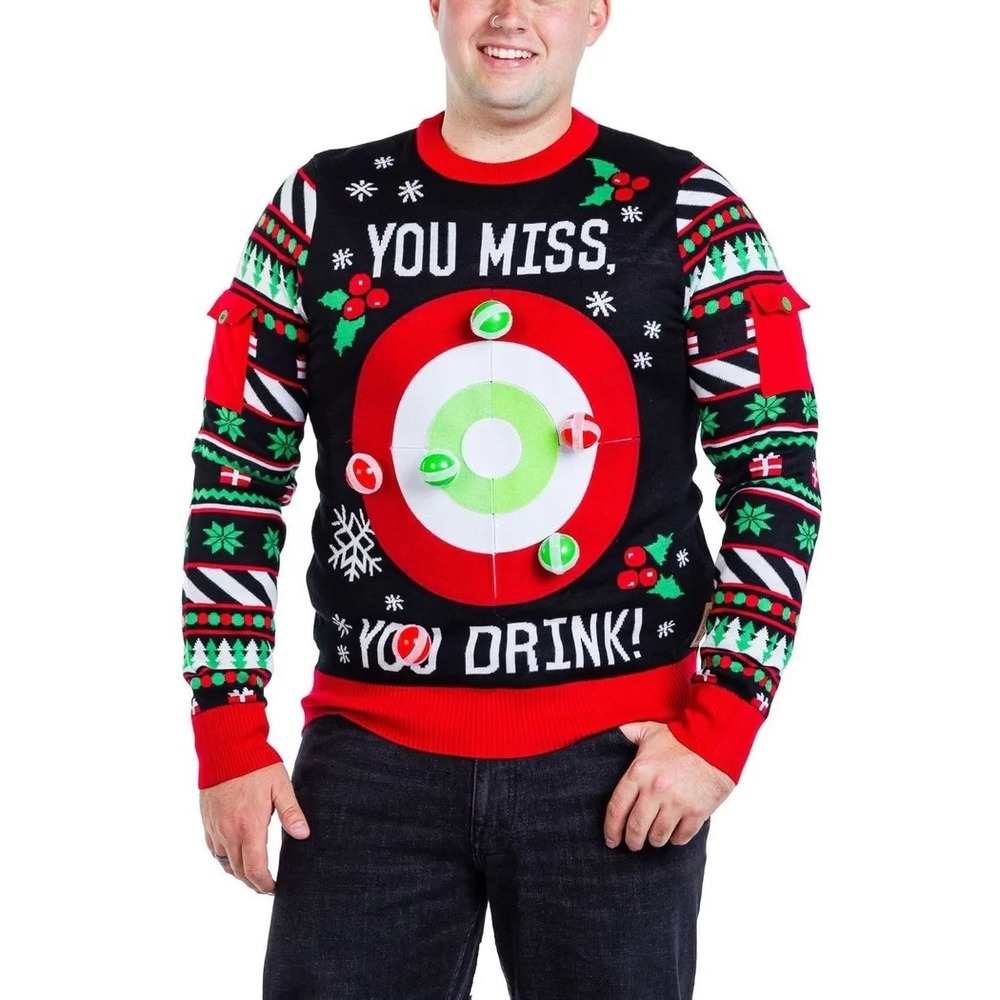 TIPSY ELVES DRINKING GAME UGLY CHRISTMAS SWEATER  Men's Size Large  BLACK  NEW!!